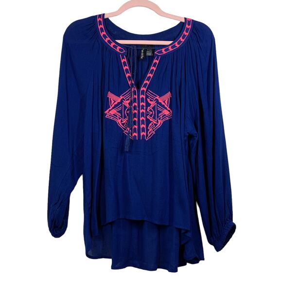 FUN & FLIRT Blue Pink Embroidered Southwestern Long Sleeve Blouse Large - Picture 1 of 7